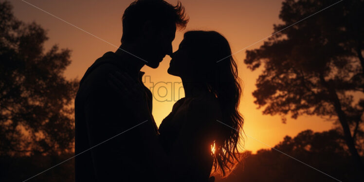 The silhouette of lovers embracing at sunset - Starpik Stock