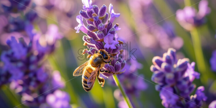 The soft hum of bees busy pollinating vibrant purple lavender bushes - Starpik Stock