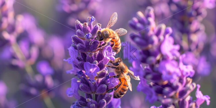 The soft hum of bees busy pollinating vibrant purple lavender bushes - Starpik Stock