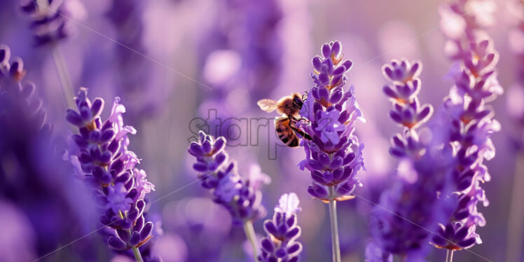 The soft hum of bees busy pollinating vibrant purple lavender bushes - Starpik Stock