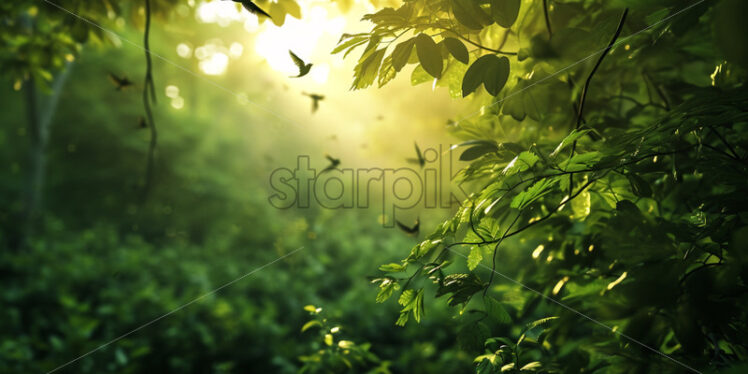 The symphony of birdsong echoing through a dense, awakening forest - Starpik Stock