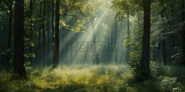 The symphony of birdsong echoing through a dense, awakening forest - Starpik Stock