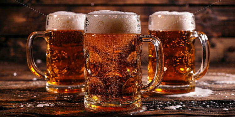 Three pints of beer with foam on a table in the bar - Starpik Stock