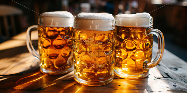 Three pints of beer with foam on a table in the bar - Starpik Stock