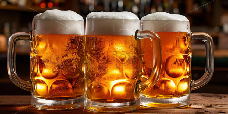 Three pints of beer with foam on a table in the bar - Starpik Stock