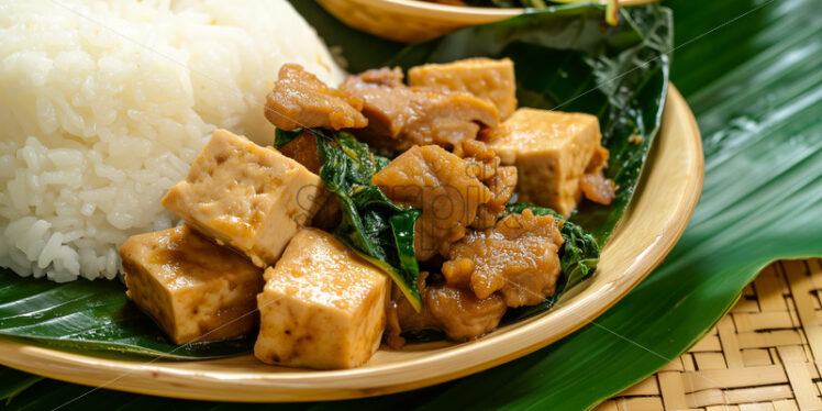 Tofu and pork plated with precision on a bamboo table, capturing the essence of native style in professional food photography - Starpik Stock