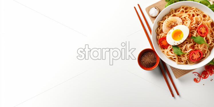 Top view asian food ingredients - ramen on isolated white background - Starpik Stock