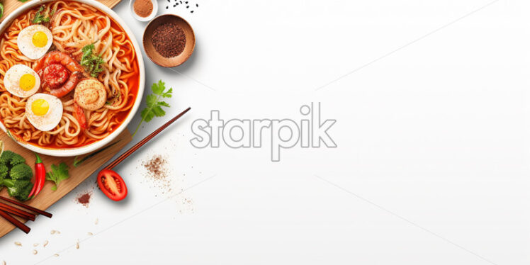 Top view asian food ingredients - ramen on isolated white background - Starpik Stock