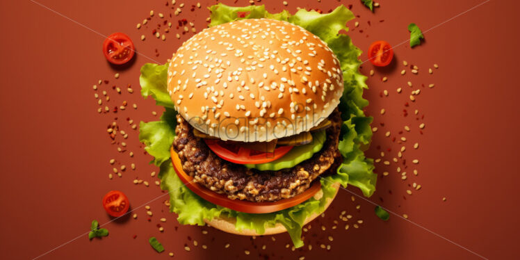 Top view burger ingredients, on red background - Starpik Stock