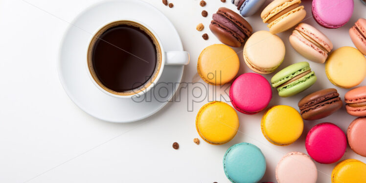 Top view colorful macarons and coffee cup, on isolated white background - Starpik Stock