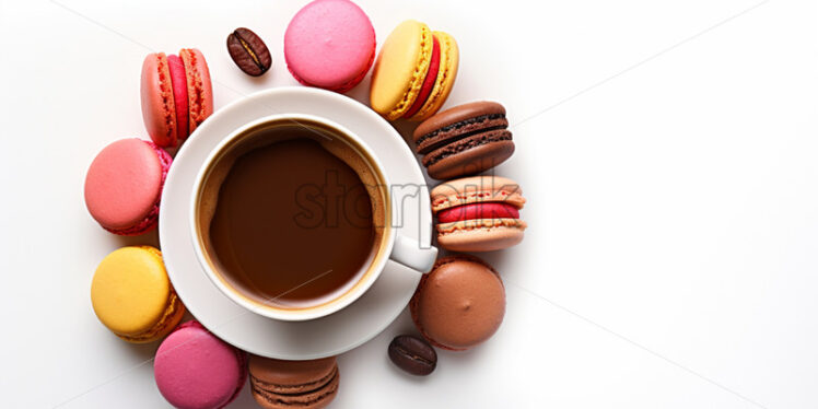 Top view colorful macarons and coffee cup, on isolated white background - Starpik Stock