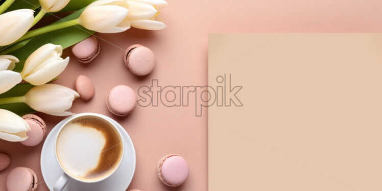 Top view cup of coffee, white tulips, macarons - Starpik Stock