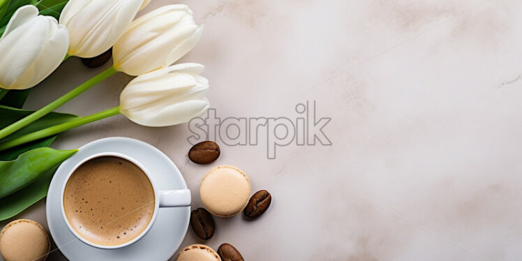 Top view cup of coffee, white tulips, macarons - Starpik Stock