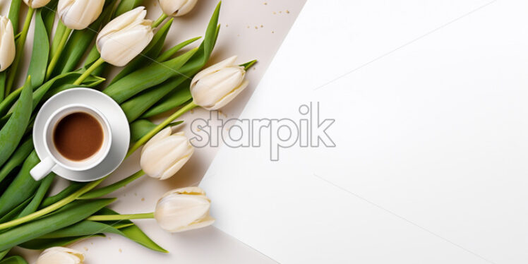 Top view cup of coffee, white tulips, macarons - Starpik Stock