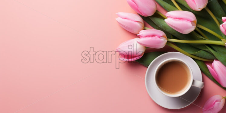 Top view cup of coffee with pink tulips - Starpik Stock