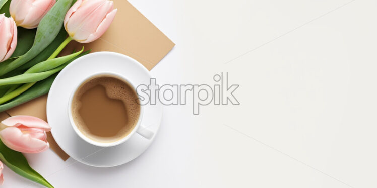 Top view cup of coffee with pink tulips - Starpik Stock