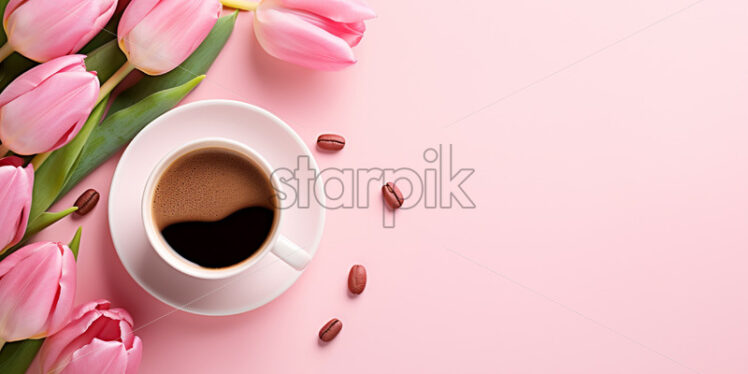 Top view cup of coffee with pink tulips - Starpik Stock