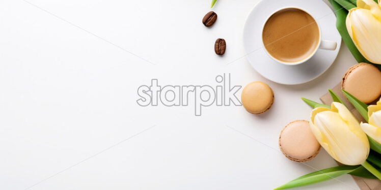 Top view cup of coffee, yellow tulips, macarons - Starpik Stock