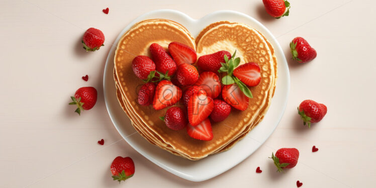 Top view delicious pancakes with fresh strawberry, on a wood table - Starpik Stock