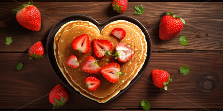 Top view delicious pancakes with fresh strawberry, on a wood table - Starpik Stock