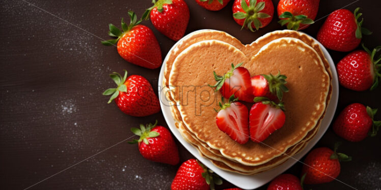 Top view delicious pancakes with fresh strawberry, on a wood table - Starpik Stock