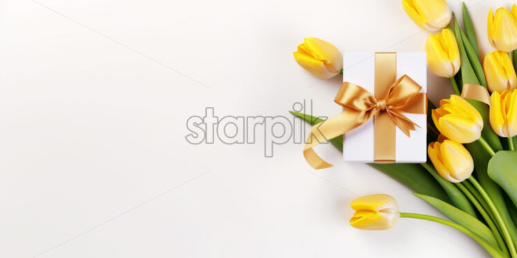 Top view giftbox with gold ribbon bow and yellow tulips on isolated white background - Starpik Stock