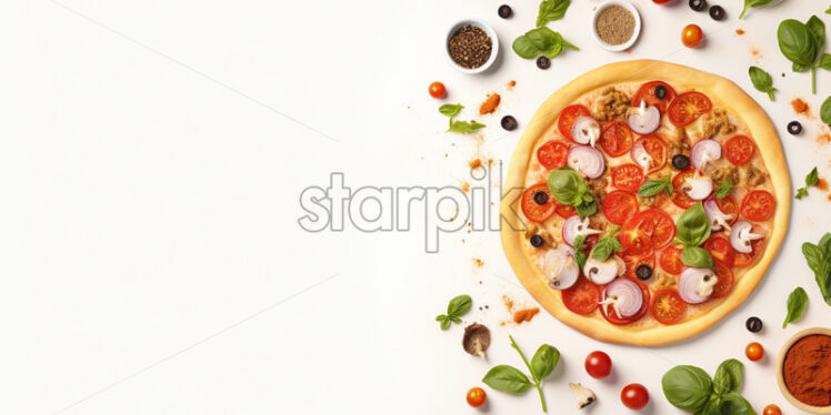 Top view italian pizza on isolated white background - Starpik Stock