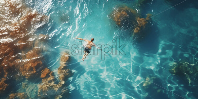 Top view of a man swimming in sea.Summer concept - Starpik Stock