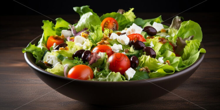 Top view salad ingredients - mixed salad greens, cherry tomatoes, olives, feta - Starpik Stock