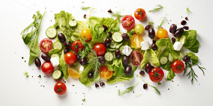 Top view salad ingredients - mixed salad greens, cherry tomatoes, olives, feta - Starpik Stock