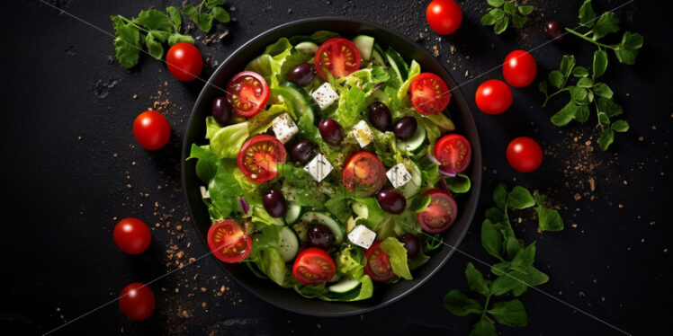 Top view salad ingredients - mixed salad greens, cherry tomatoes, olives, feta - Starpik Stock