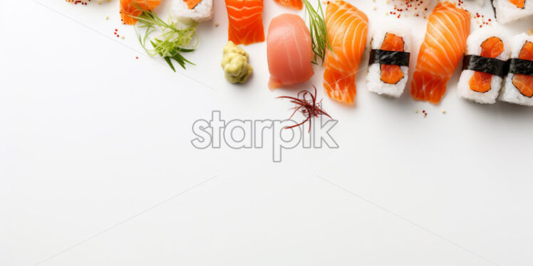 Top view sushi ingredients, on isolated white background - Starpik Stock