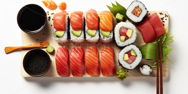 Top view sushi ingredients, on isolated white background - Starpik Stock