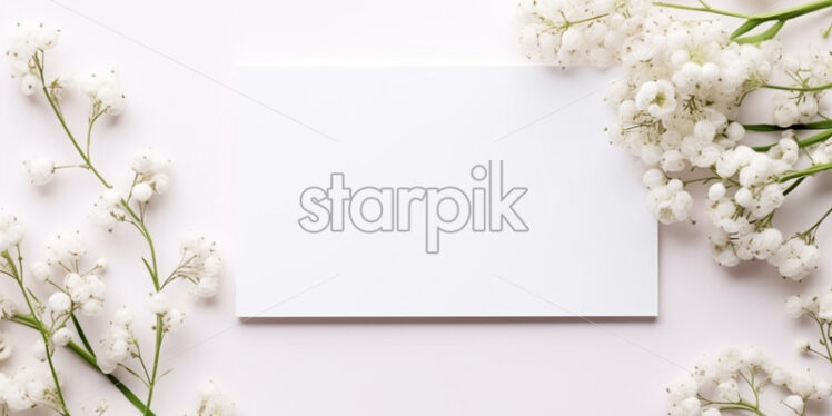 Top view  white greeting card with gypsophila flower - Starpik Stock