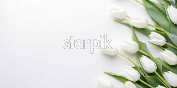 Top view white tulips on isolated white background. Mother's day concept - Starpik Stock