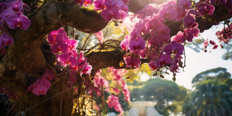 Towering tropical tree with vibrant orchids and epiphytes clinging to its majestic branches - Starpik Stock