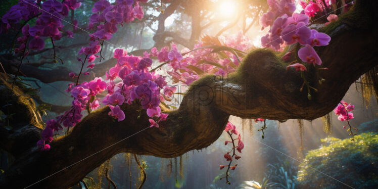 Towering tropical tree with vibrant orchids and epiphytes clinging to its majestic branches - Starpik Stock