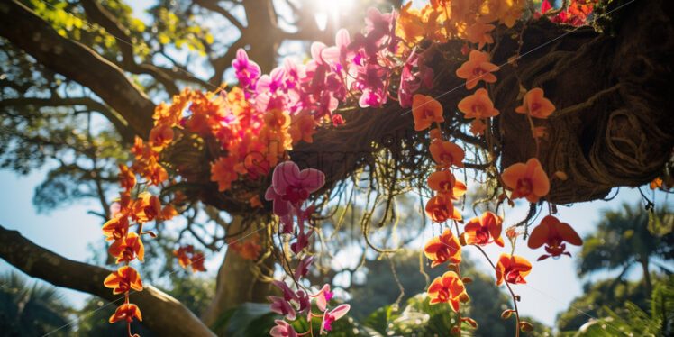 Towering tropical tree with vibrant orchids and epiphytes clinging to its majestic branches - Starpik Stock