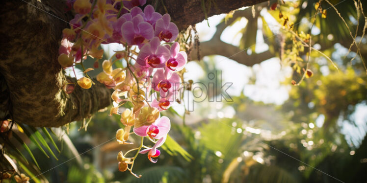 Towering tropical tree with vibrant orchids and epiphytes clinging to its majestic branches - Starpik Stock