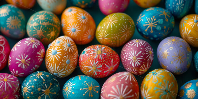 Traditional colored eggs on a table, pattern - Starpik Stock