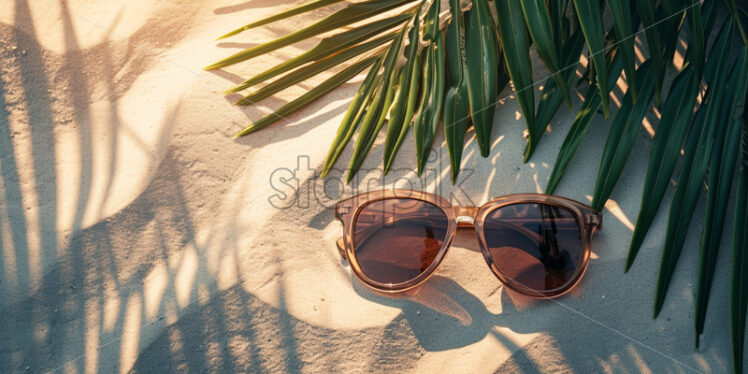 Trendy sunglasses on beach with green palm leaves - Starpik Stock