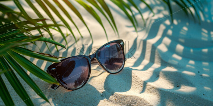 Trendy sunglasses on beach with green palm leaves - Starpik Stock