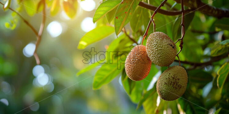 Tropical fruits hanging from lush, overhanging branches - Starpik Stock