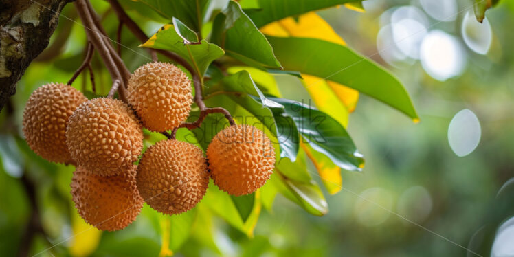 Tropical fruits hanging from lush, overhanging branches - Starpik Stock