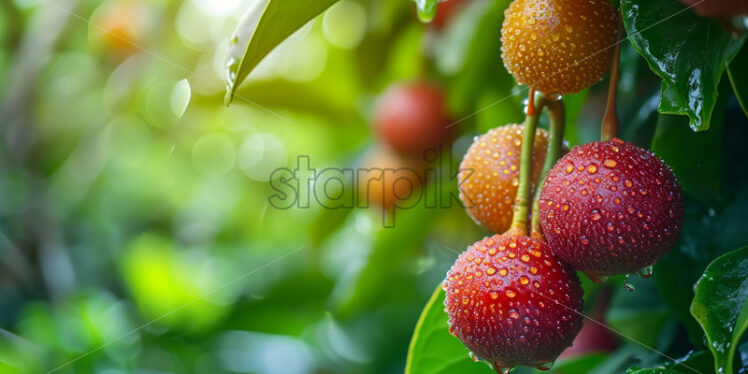 Tropical fruits hanging from lush, overhanging branches - Starpik Stock