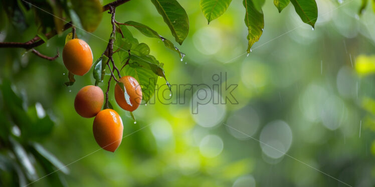 Tropical fruits hanging from lush, overhanging branches - Starpik Stock