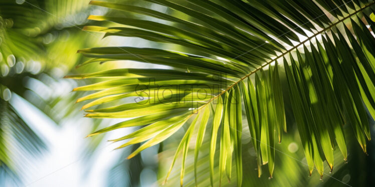 Tropical palm tree with vibrant, oversized leaves swaying in the gentle jungle breeze - Starpik Stock