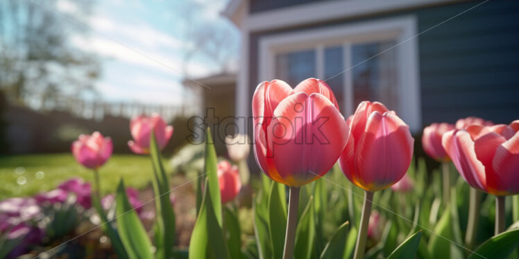 Tulips in front of a modern high-tech house - Starpik Stock