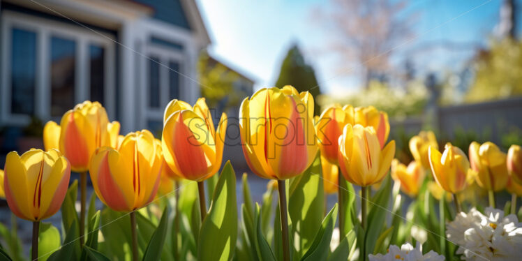 Tulips in front of a modern high-tech house - Starpik Stock