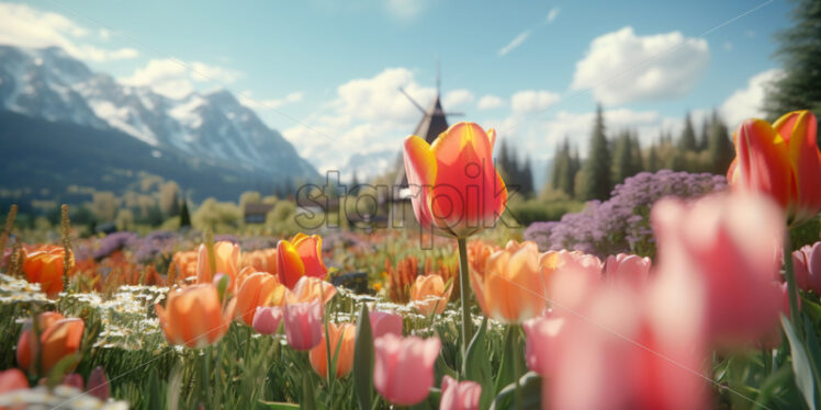 Tulips landscapes with windmills - Starpik Stock